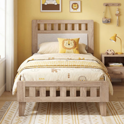 Twin Size Wood Bed Frame with Upholstered Headboard Mid Century Style