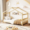 Twin Size Wooden House Bed with Roof-Natural