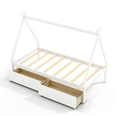 Twin Size Wooden Tent Platform House Bed with 2 Drawers-White
