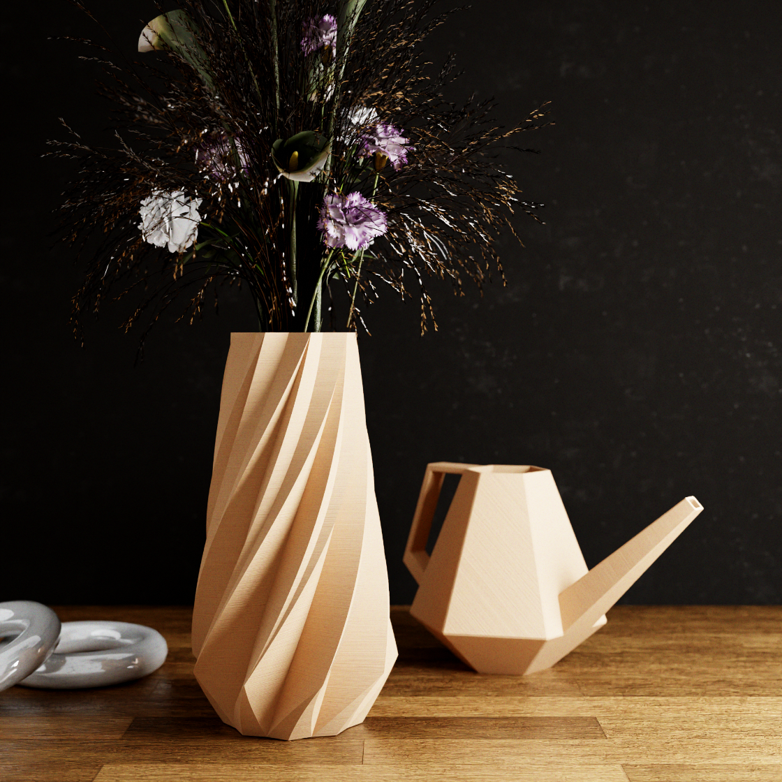Wooden vase and watering can with flowers on a wooden surface against a dark background