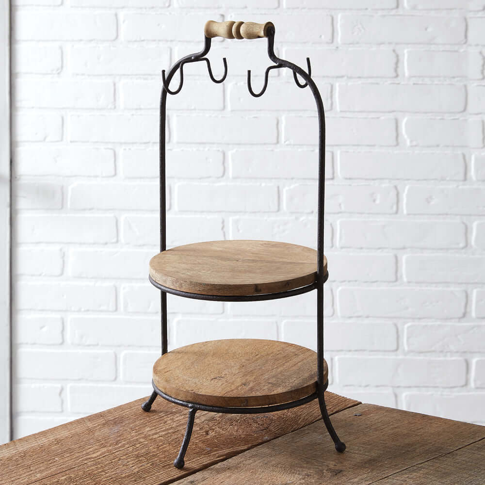 Two-Tier Wooden Serving Stand with Hooks