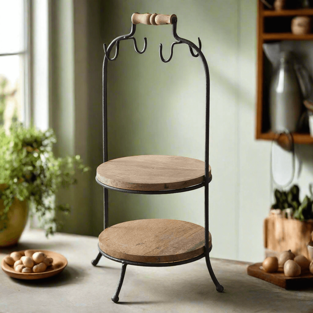 Two-Tier Wooden Serving Stand with Hooks