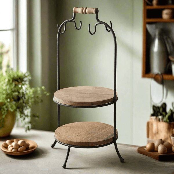 Two-Tier Wooden Serving Stand with Hooks