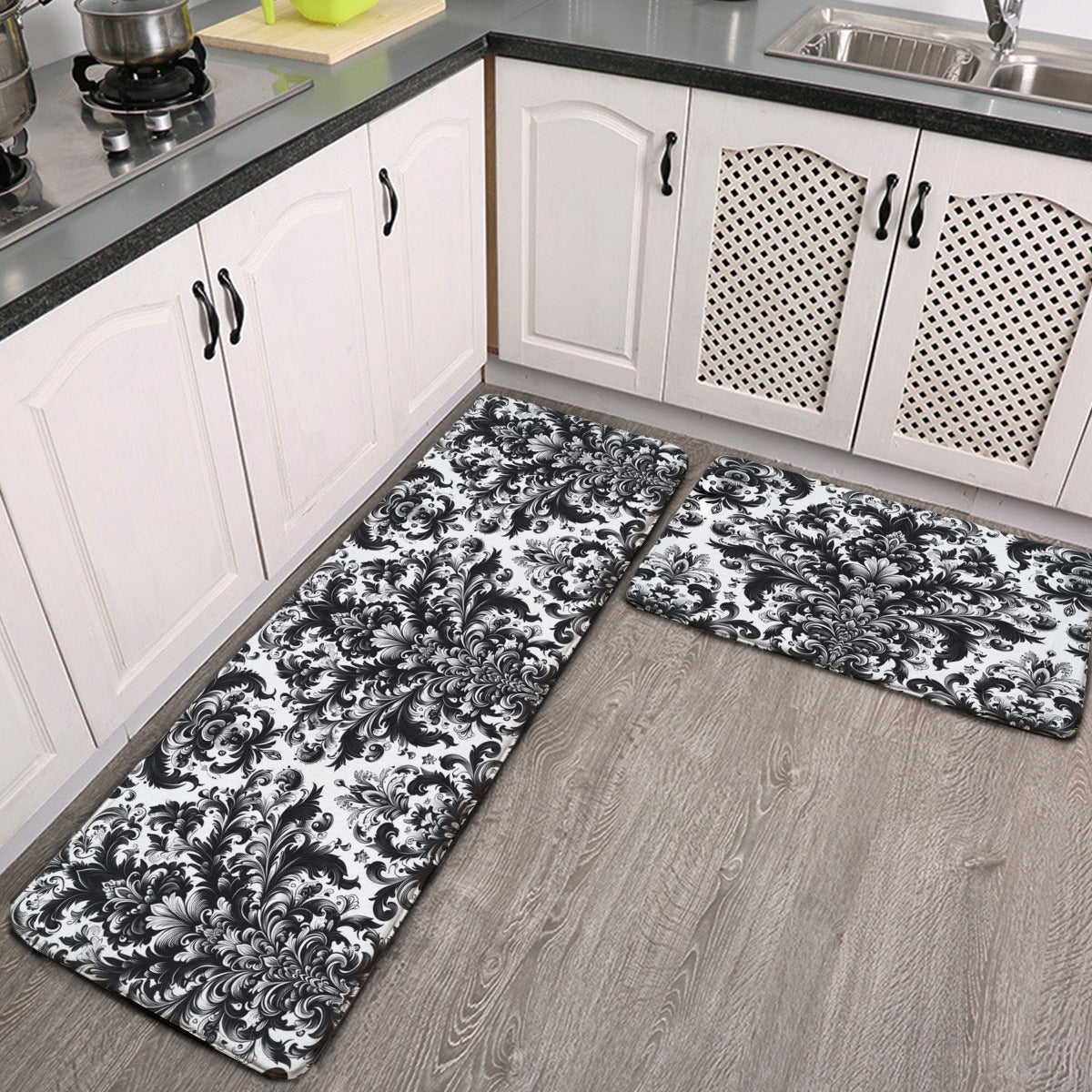 Kitchen floor mat damask pattern