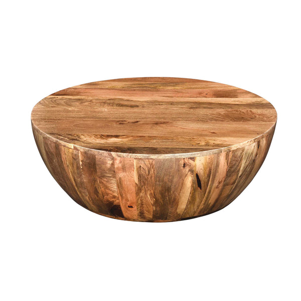 Arthur 36 Inch Farmhouse Style Handcrafted Mango Wood Round Drum Shape Coffee Table