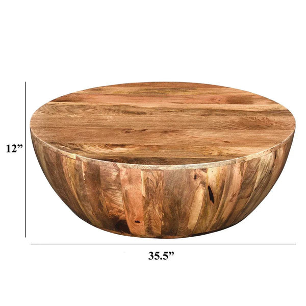 Arthur 36 Inch Farmhouse Style Handcrafted Mango Wood Round Drum Shape Coffee Table - Gifts for You 'n Me