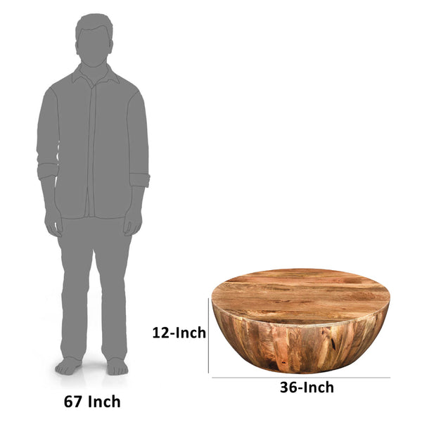 Arthur 36 Inch Farmhouse Style Handcrafted Mango Wood Round Drum Shape Coffee Table