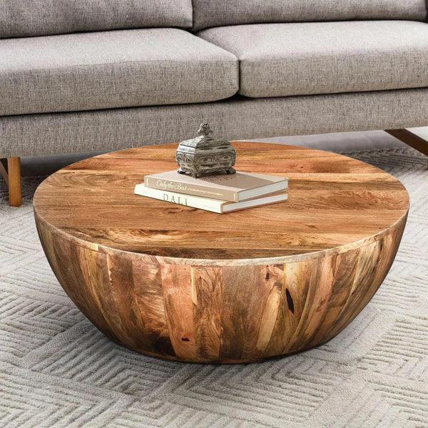 Arthur 36 Inch Farmhouse Style Handcrafted Mango Wood Round Drum Shape Coffee Table - Gifts for You 'n Me