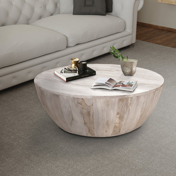 Arthur 12 Inch Round Mango Wood Coffee Table, Subtle Grains, Distressed White - UPT-32181