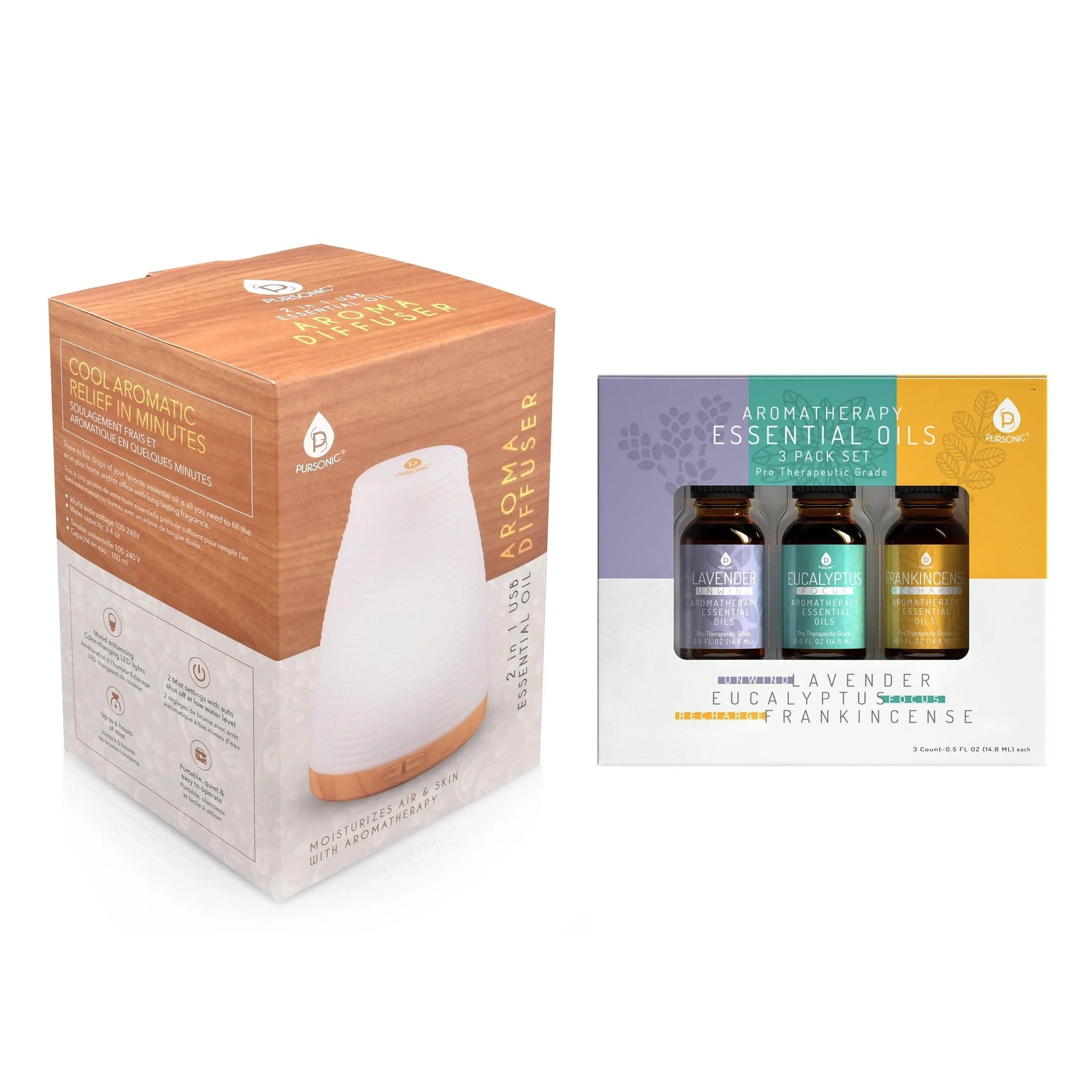 Pursonic Aromatherapy 2 in 1 USB Diffuser & Essential Oil Set-Ultrasonic Top 3 Oils-300ml with 2 Mist Settings 7 Ambient Light Settings - Gifts for You 'n Me