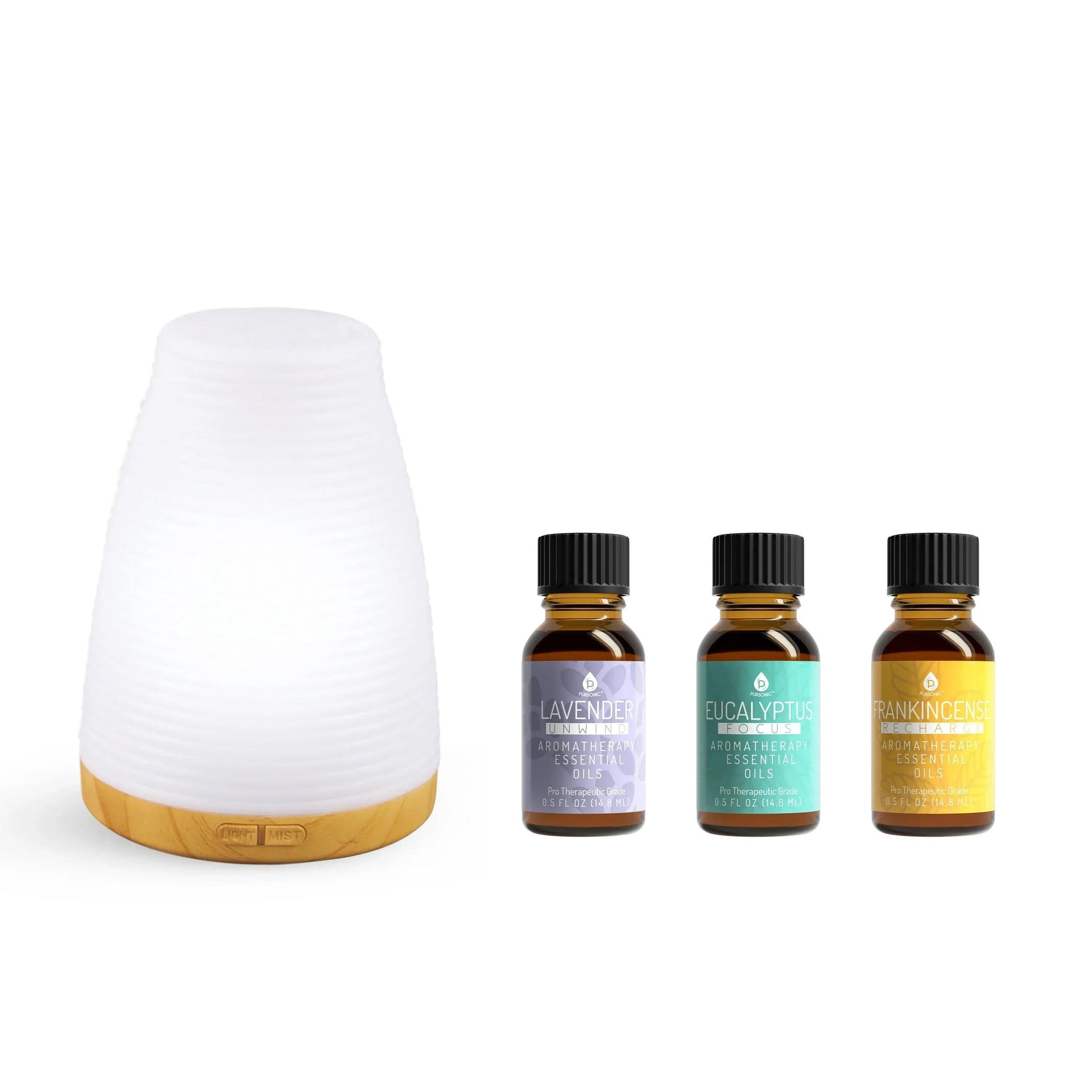 Pursonic Aromatherapy 2 in 1 USB Diffuser & Essential Oil Set-Ultrasonic Top 3 Oils-300ml with 2 Mist Settings 7 Ambient Light Settings - Gifts for You 'n Me