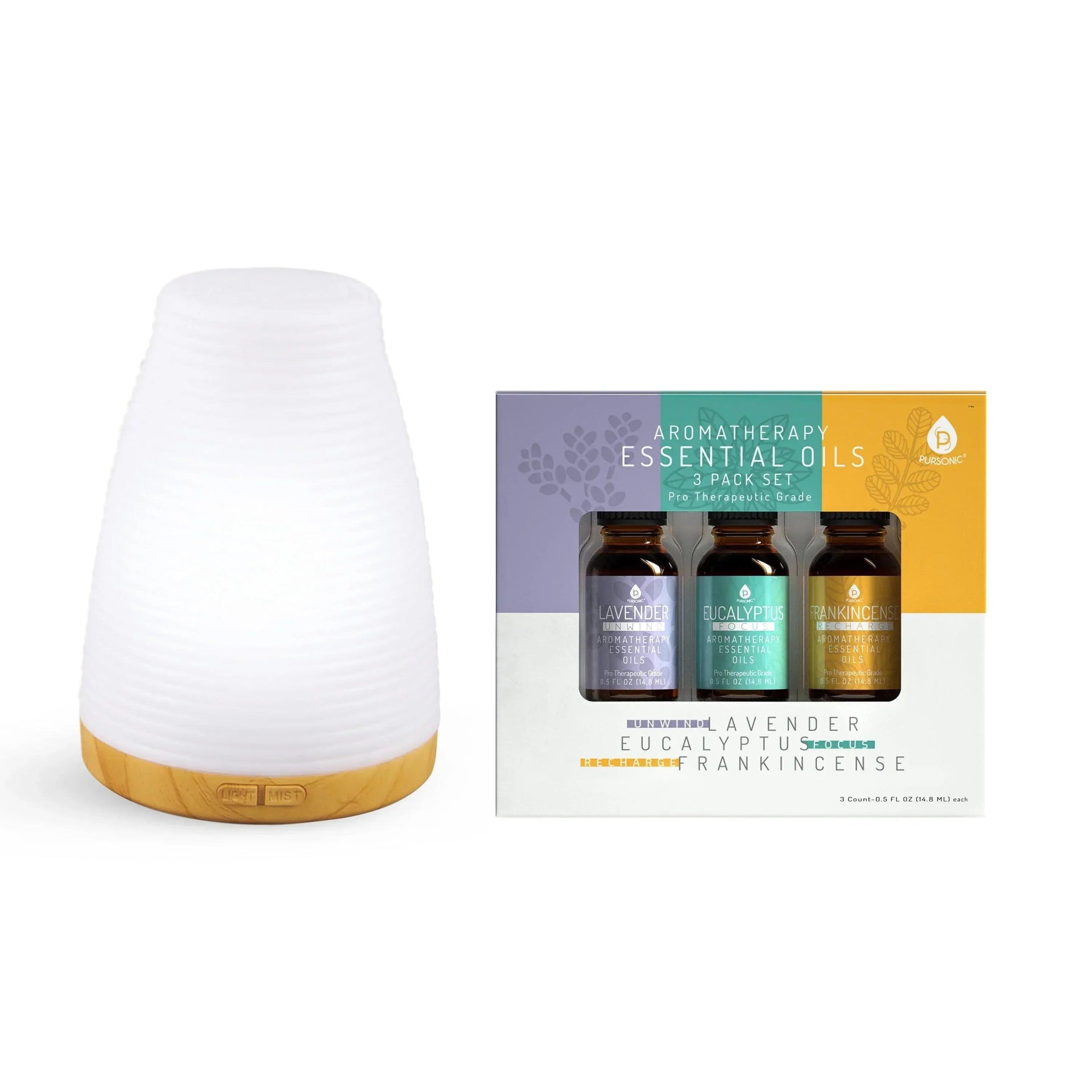 Pursonic Aromatherapy 2 in 1 USB Diffuser & Essential Oil Set-Ultrasonic Top 3 Oils-300ml with 2 Mist Settings 7 Ambient Light Settings - Gifts for You 'n Me