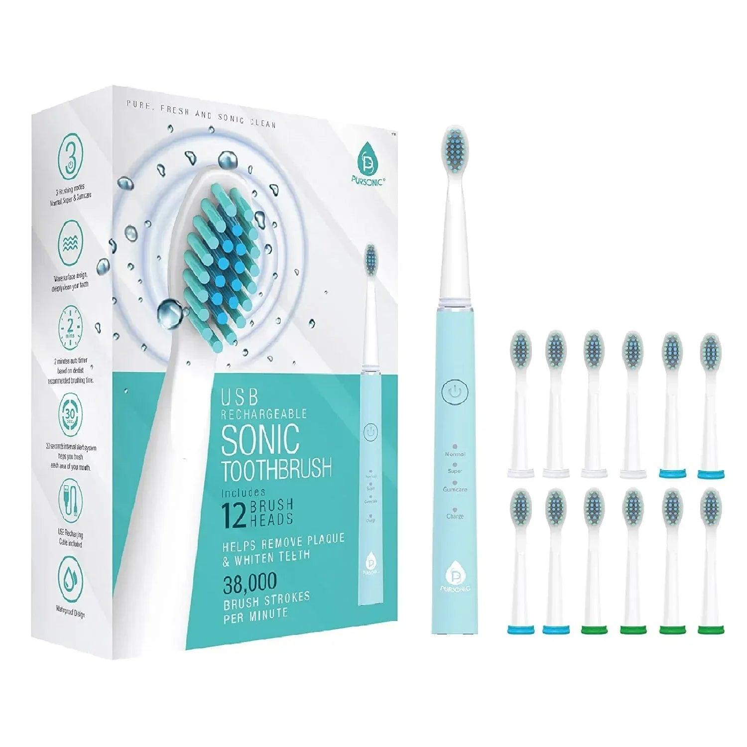 USB Rechargeable Sonic toothbrush with 12 Brush Heads - Gifts for You 'n Me