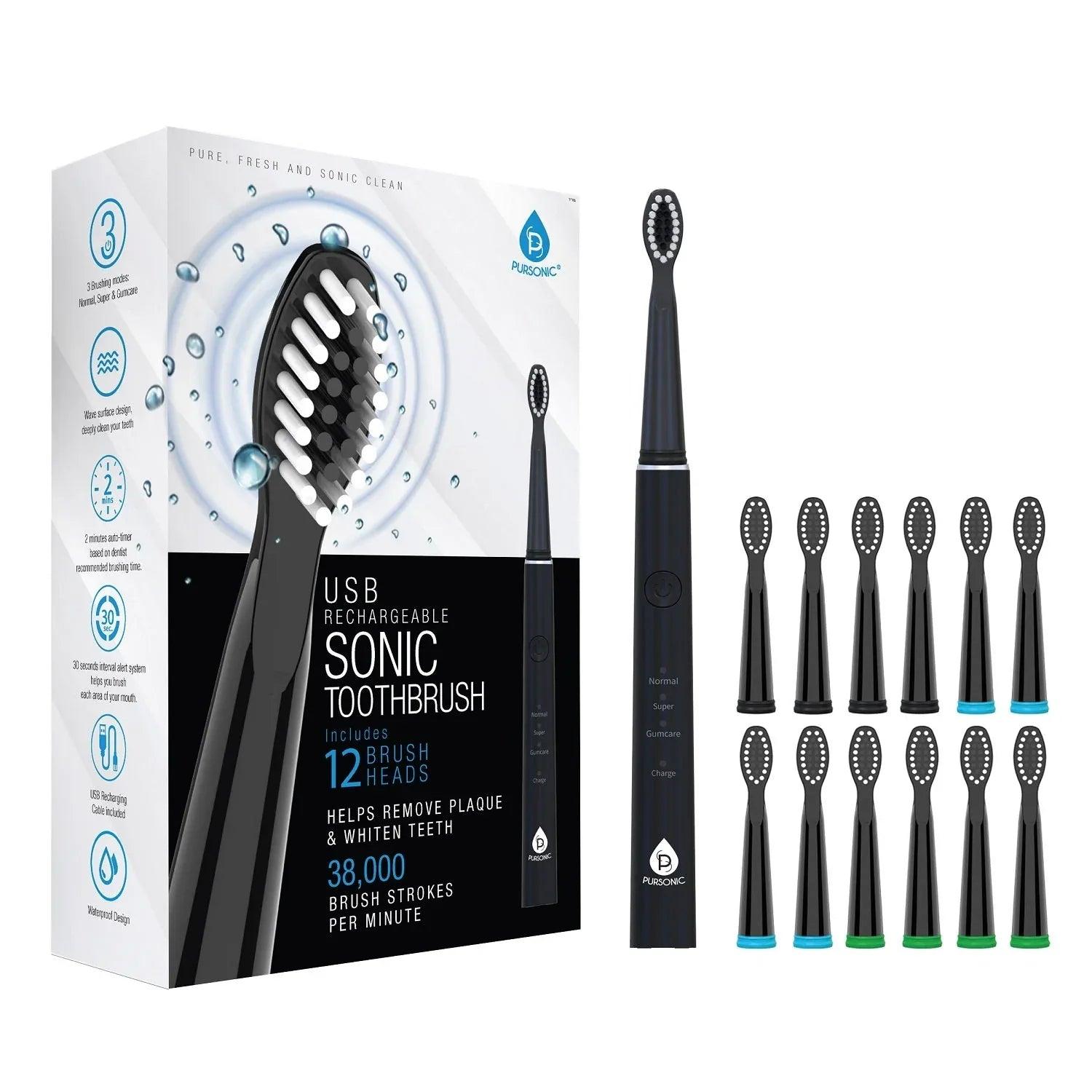 USB Rechargeable Sonic toothbrush with 12 Brush Heads - Gifts for You 'n Me