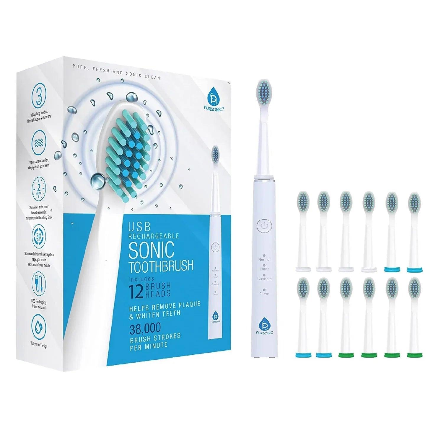 USB Rechargeable Sonic toothbrush with 12 Brush Heads - Gifts for You 'n Me