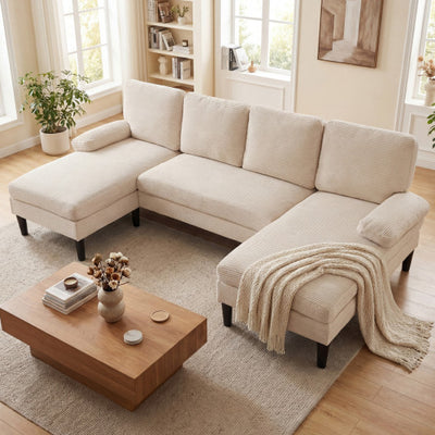 U-shaped Sectional Couch with Double Chaise for Living Room-Beige