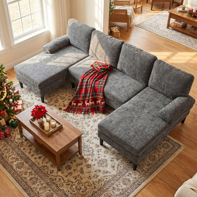 U-shaped Sectional Couch with Double Chaise for Living Room-Grey