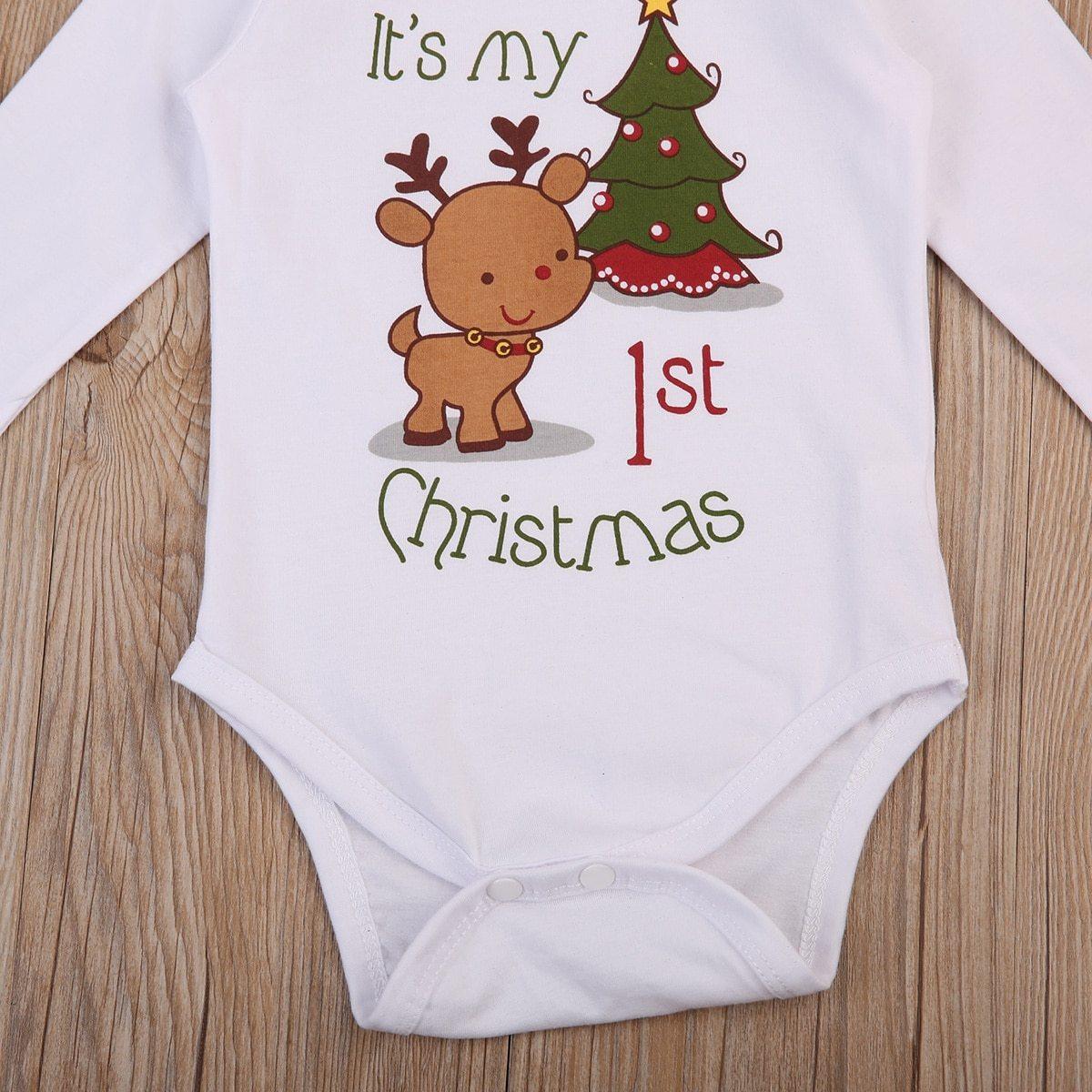 Modern Christmas Newborn Infant Baby Boys and Girls Cartoon Deer Christmas Tree Print Long Sleeves Romper