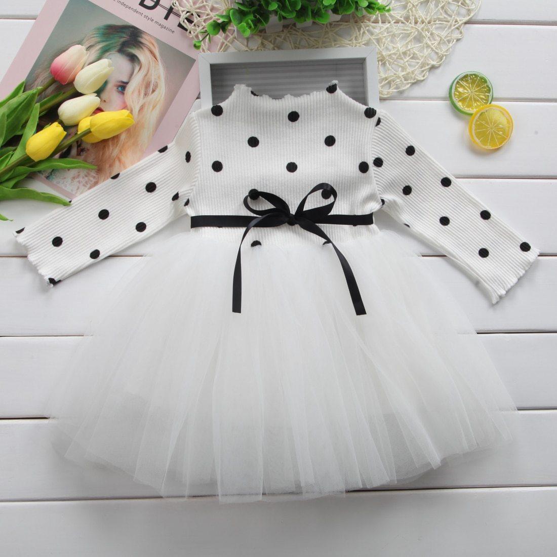 Princess Long sleeve Baby Girl Dress Newborn Infant Baby Girl Clothes WIth Bow And Dot Tutu Ball Gown Party Dresses Baby Kid Girl clothes In Elegant Style
