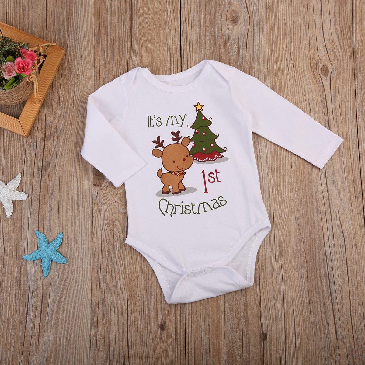 Modern Christmas Newborn Infant Baby Boys and Girls Cartoon Deer Christmas Tree Print Long Sleeves Romper