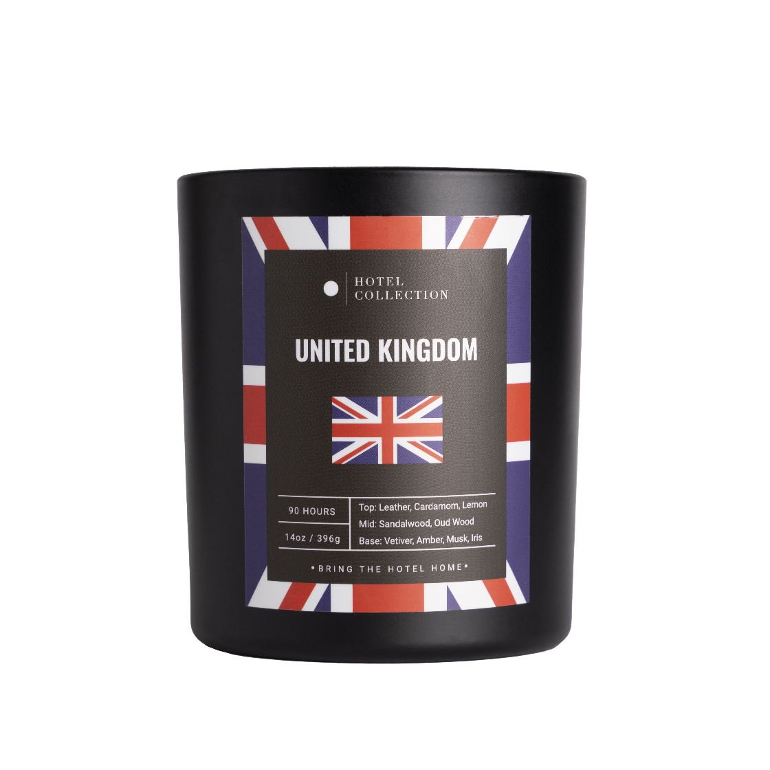 Black candle with a label featuring the Union Jack design on a white background