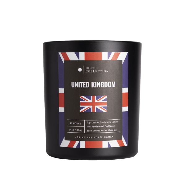 Black candle with a label featuring the Union Jack design on a white background