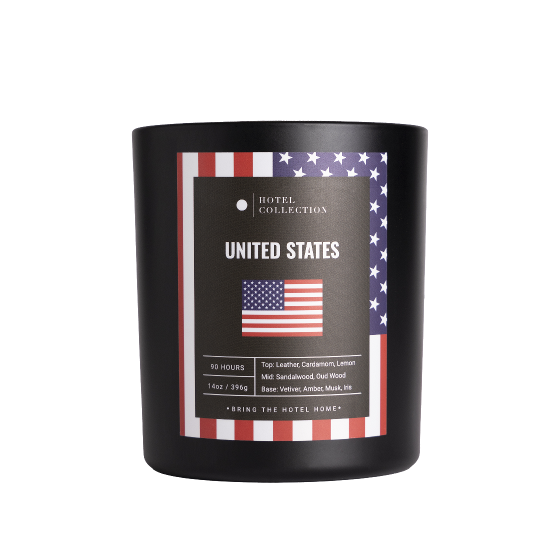 Black candle with United States label and American flag design on a white background