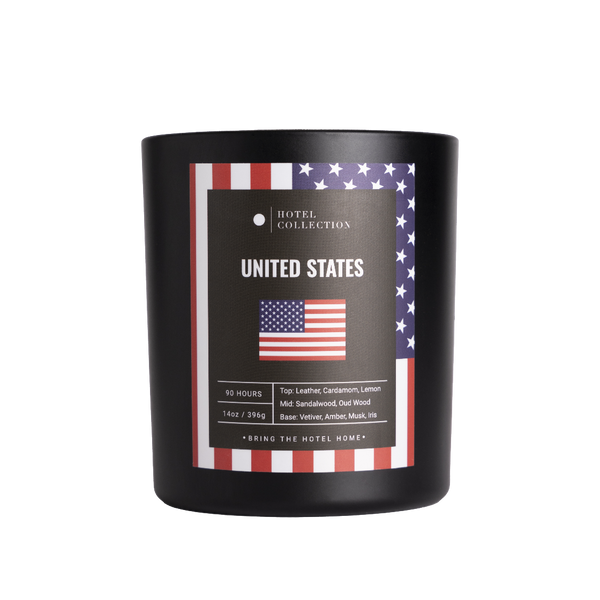 Black candle with United States label and American flag design on a white background