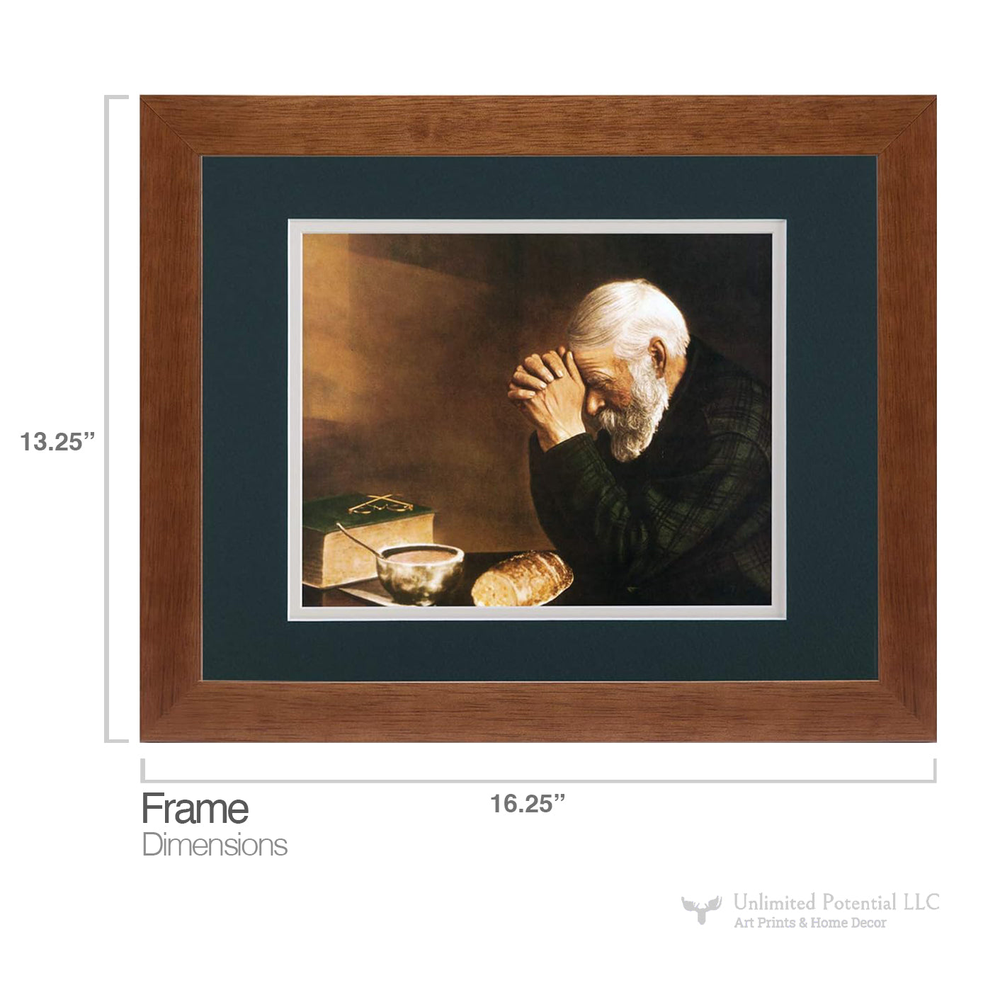 Framed Art Print – Daily Bread Man Praying at Table Grace with Honey Wood Frame