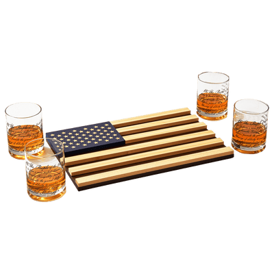 Whiskey Glasses – United States Constitution - Wood American Flag Tray & Set of 4 We The People 10oz America Glassware, Old Fashioned Rocks Glass, Freedom Of Speech Law Gift Set US Patriotic