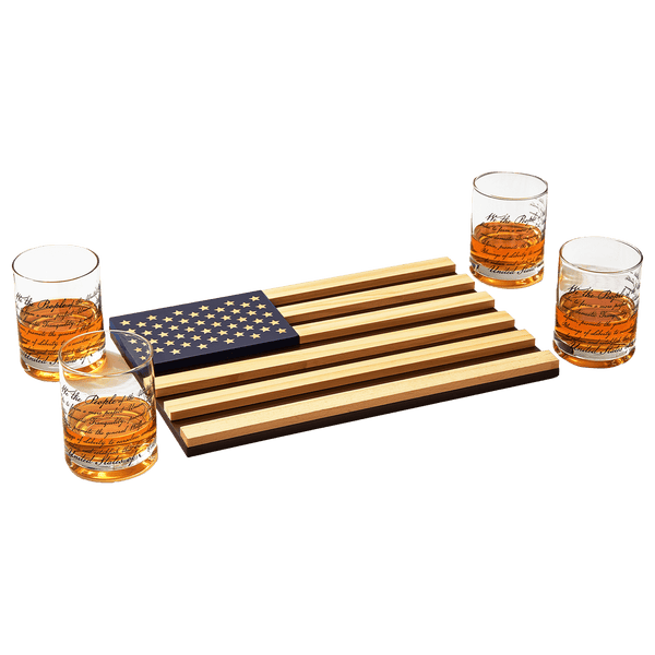 Whiskey Glasses – United States Constitution - Wood American Flag Tray & Set of 4 We The People 10oz America Glassware, Old Fashioned Rocks Glass, Freedom Of Speech Law Gift Set US Patriotic