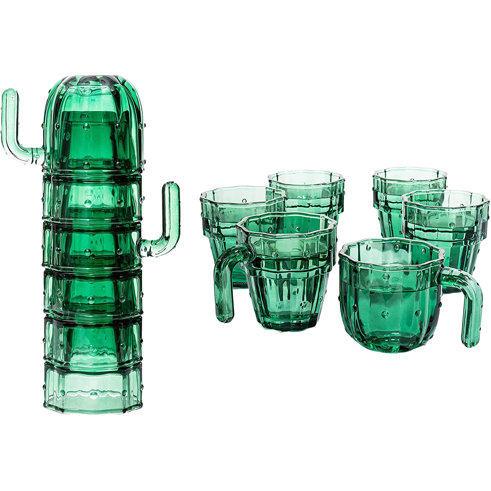 Cactus Stackable Glasses, Stacktus Gifts, Set of 6-10 oz Cactus Shape Glasses With Handles Green Glass Blown Figurines Plant Decorations for Parties 3.5