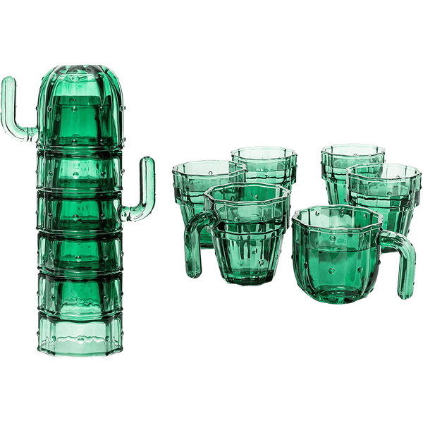 Cactus Stackable Glasses, Stacktus Gifts, Set of 6-10 oz Cactus Shape Glasses With Handles Green Glass Blown Figurines Plant Decorations for Parties 3.5