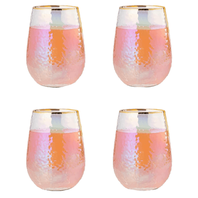 Festive Lustered Iridescent Stemless Wine & Water Glasses - Set of 4-100% Glass 15oz Mouthblown Colorful Glasses - Anniversaries, Birthday Gift, Cocktail Party Radiance - Water, Whiskey, Juice, Gift