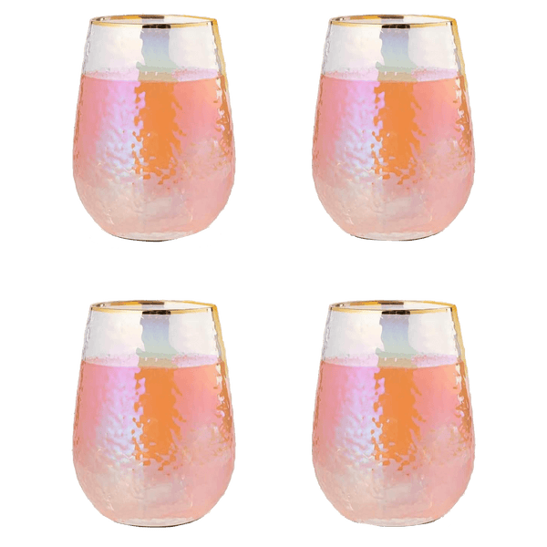Festive Lustered Iridescent Stemless Wine & Water Glasses - Set of 4-100% Glass 15oz Mouthblown Colorful Glasses - Anniversaries, Birthday Gift, Cocktail Party Radiance - Water, Whiskey, Juice, Gift
