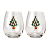 Stemless Christmas Tree Wine Glasses - Set of 2 - Christmas Cheer for Holiday Gift and Winter Season - 18 oz Stemless Decorated Tree Ornament Wine Tumblers for Holiday Season and Winter 4.7