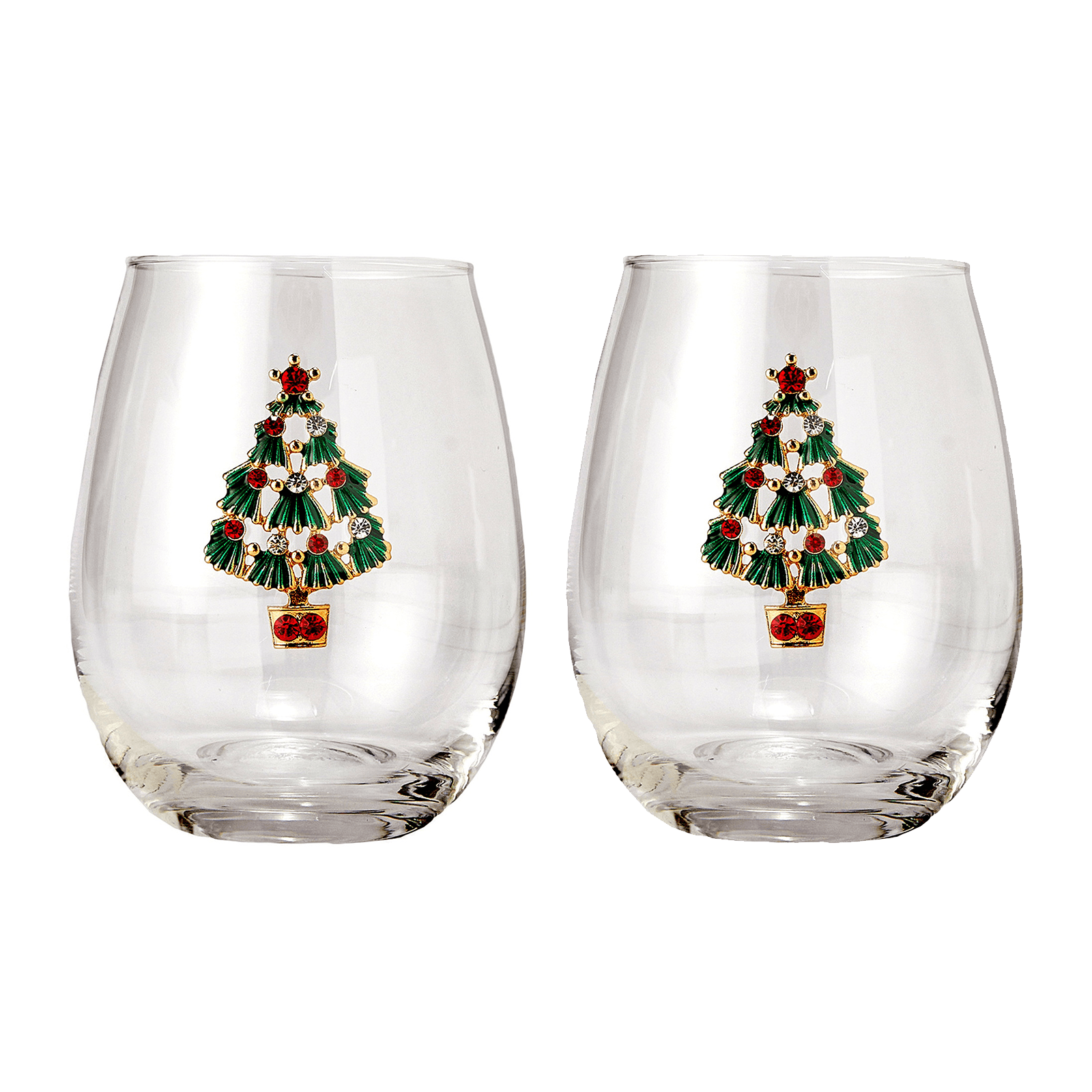 Stemless Christmas Tree Wine Glasses - Set of 2 - Christmas Cheer for Holiday Gift and Winter Season - 18 oz Stemless Decorated Tree Ornament Wine Tumblers for Holiday Season and Winter 4.7