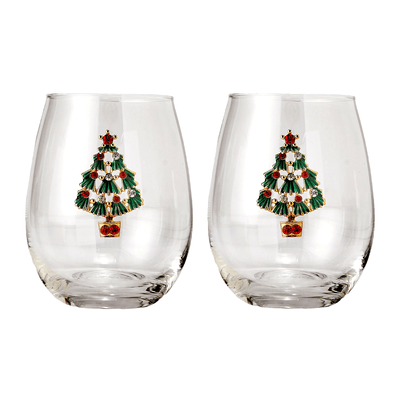 Stemless Christmas Tree Wine Glasses - Set of 2 - Christmas Cheer for Holiday Gift and Winter Season - 18 oz Stemless Decorated Tree Ornament Wine Tumblers for Holiday Season and Winter 4.7