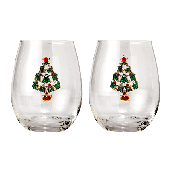 Stemless Christmas Tree Wine Glasses - Set of 2 - Christmas Cheer for Holiday Gift and Winter Season - 18 oz Stemless Decorated Tree Ornament Wine Tumblers for Holiday Season and Winter 4.7