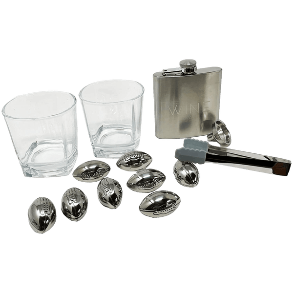 Whiskey Glasses And Football Chilling Stones Gift Set, 2 Whiskey Glasses, 8 Stainless Steel Whiskey Footballs, Coasters, Special Tongs & Freezer Pouch