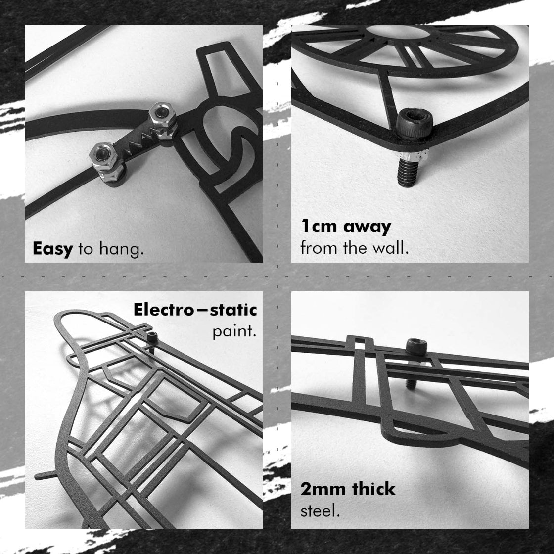 Product features including ease of hanging, distance from wall, electro-static paint, and thickness of steel on a white background.