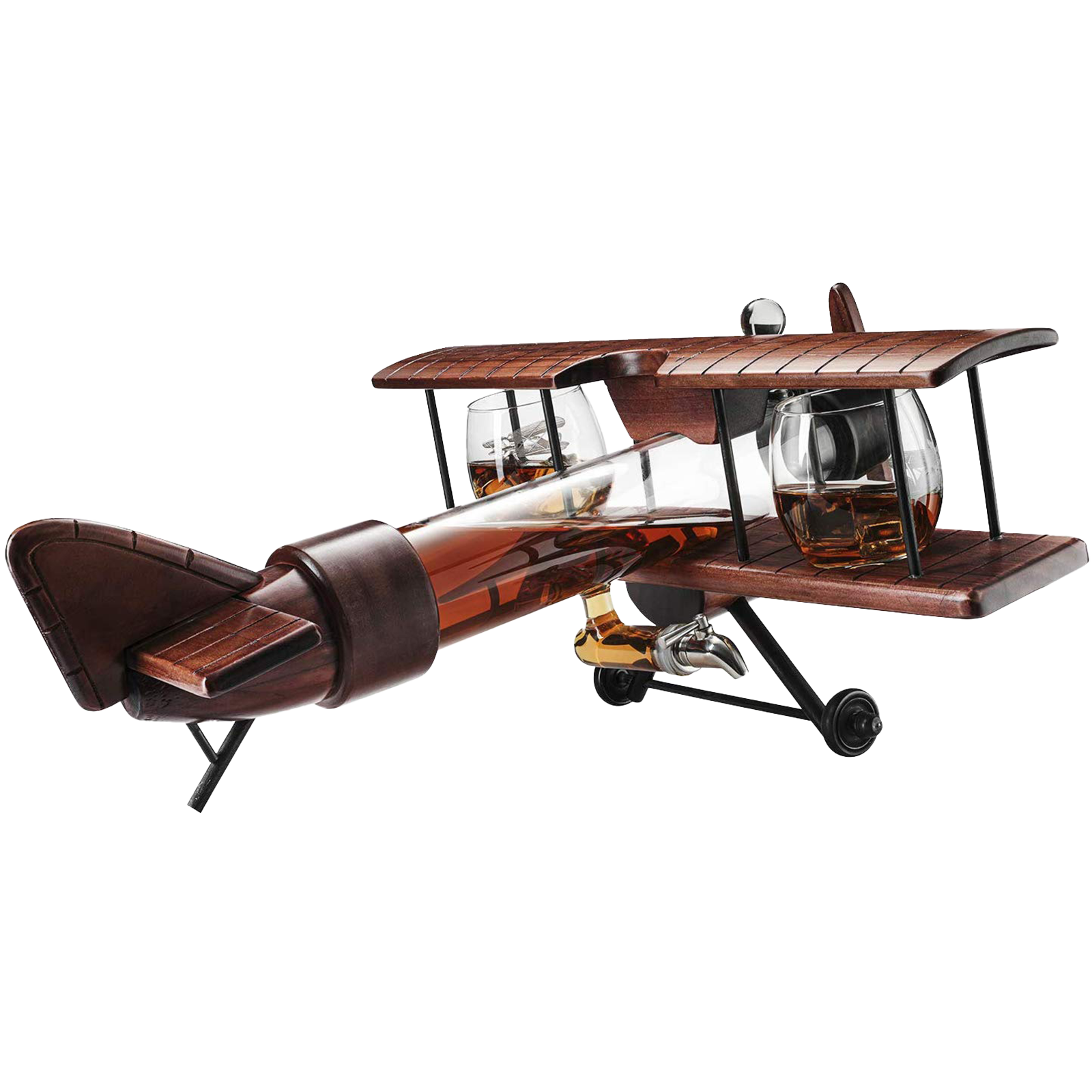 Whiskey & Wine Decanter Airplane Set and Glasses Antique Wood Airplane - The Wine Savant Whiskey Gift Set and 2 Airplane Glasses, Pilot Gift Moving Parts- Alcohol Related Gift, BAR DECOR Large 21