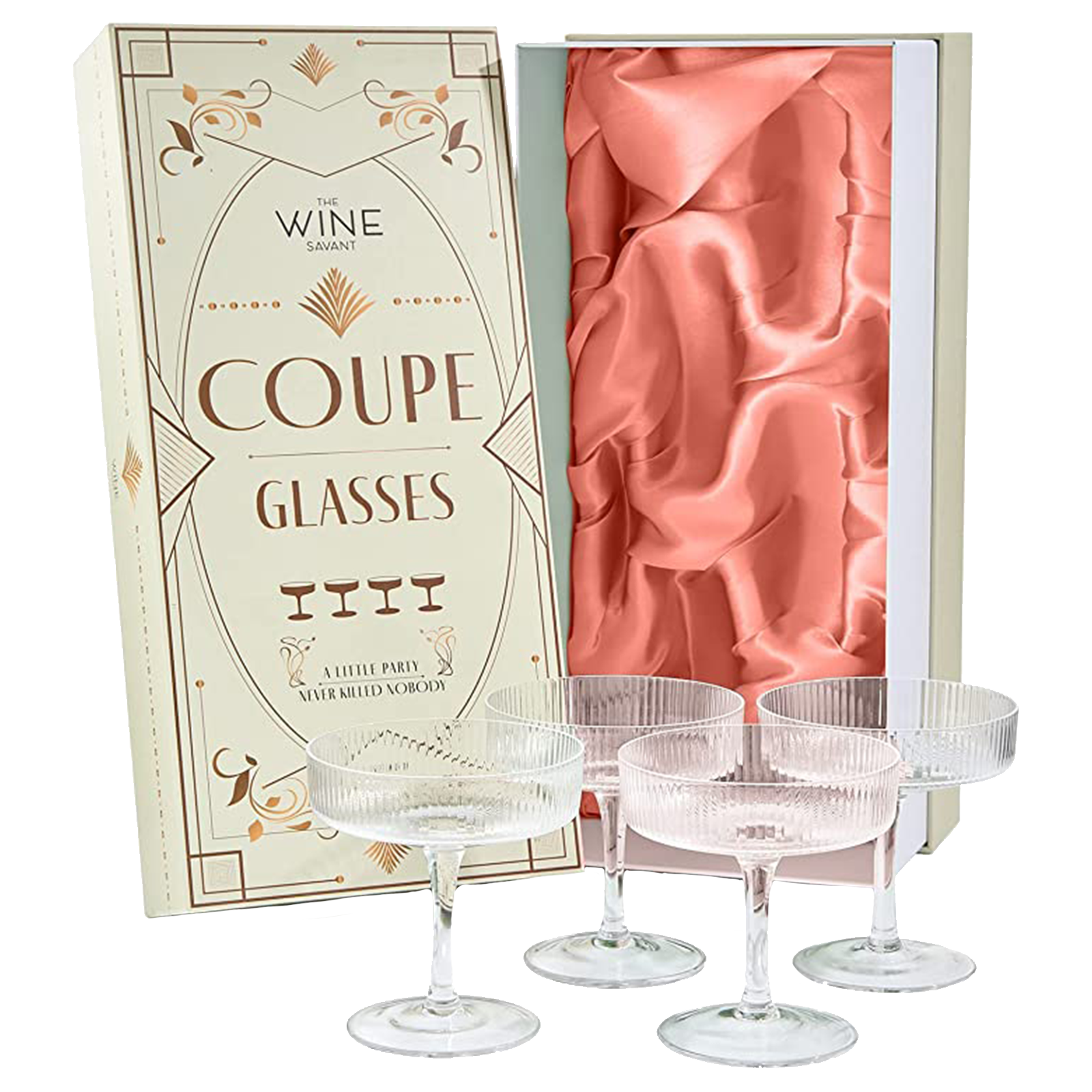 Ribbed Coupe Cocktail Glasses 8 oz | Set of 4 | Classic Manhattan Glasses For Cocktails, Champagne Coupe, Ripple Coupe Glasses, Art Deco Gatsby Vintage, Crystal with Stems (Clear)