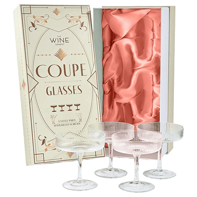 Ribbed Coupe Cocktail Glasses 8 oz | Set of 4 | Classic Manhattan Glasses For Cocktails, Champagne Coupe, Ripple Coupe Glasses, Art Deco Gatsby Vintage, Crystal with Stems (Clear)