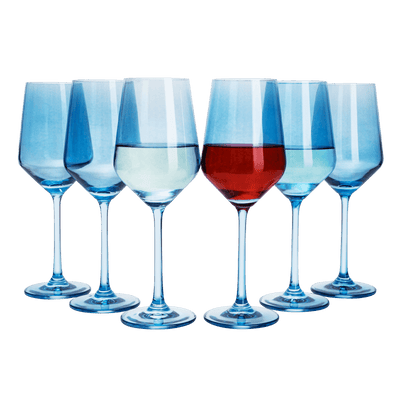 Colored Wine Glass Set, 12oz Glasses Set of 6 Baby Shower Gender Reveal Boy or Girl Decor Baby Announcement Unique Italian Style Tall Stemmed for White & Red Wine Elegant Glassware (Cobalt Blue)