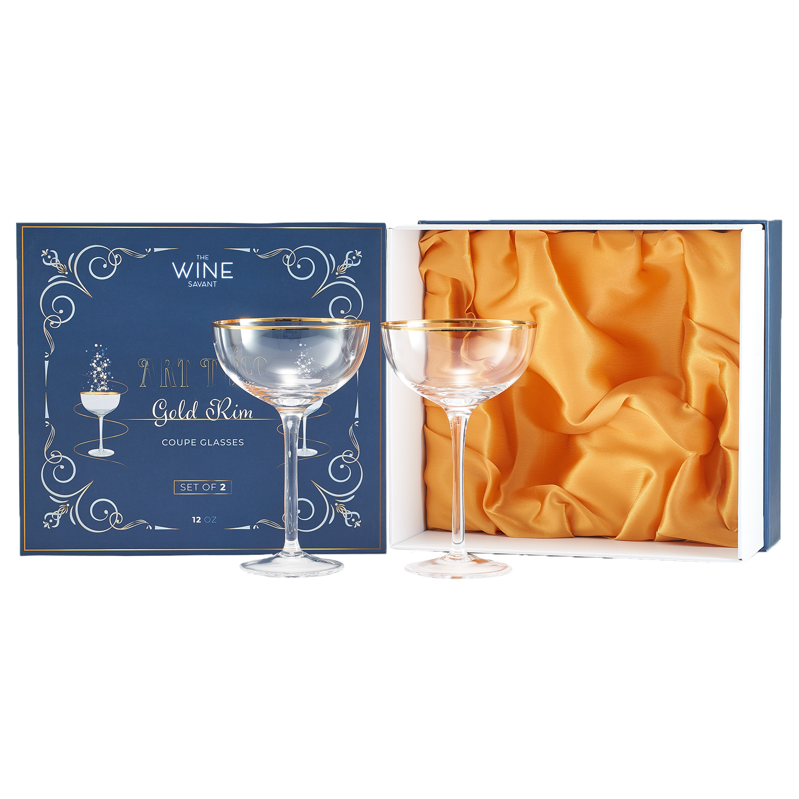 Vintage Crystal Champagne Coupe Gold Rim Glasses | Set of 2 | 7 oz, Gilded Rim Classic Cocktail Glassware - Martini, Manhattan, Cosmopolitan, Sidecar, Daiquiri | 1920s Style Saucer Goblets | Gift Box