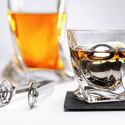 Whiskey Stones & Decanter Gift Set for Men & Women, By The Wine Savant, 2 XL Stainless Steel Whiskey Balls, 2 Twist Glasses, Whiskey Decanter, 2 Coasters, Freezer Pouch & Special Tongs in Pinewood Box