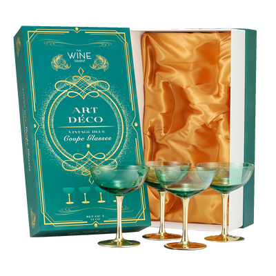 Colored Coupe Art Deco Glasses, Gold | Set of 4 | 8 oz Classic Cocktail Glassware for Champagne, Martini, Manhattan, Sidecar, Crystal Speakeasy Style Goblets Stems (Green)
