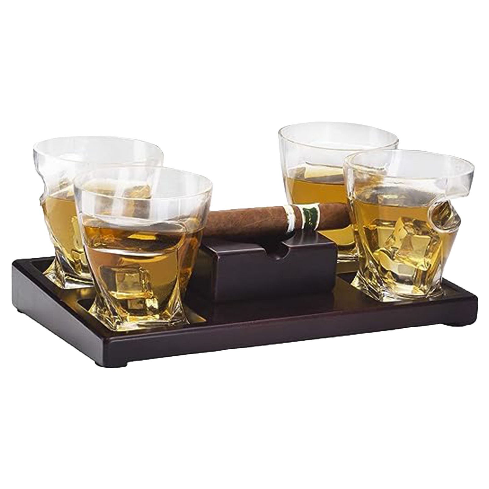 The Wine Savant Cigar Glasses Tray & Ash Tray, 4 Whiskey Cigar Glasses Slot to Hold Cigar, Whiskey Glass Gift Set, Cigar Rest, Accessory Set Gift for Dad, Men Home Office Decor Gifts, Man Cave