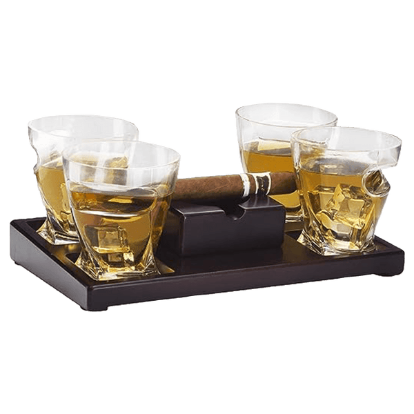 The Wine Savant Cigar Glasses Tray & Ash Tray, 4 Whiskey Cigar Glasses Slot to Hold Cigar, Whiskey Glass Gift Set, Cigar Rest, Accessory Set Gift for Dad, Men Home Office Decor Gifts, Man Cave